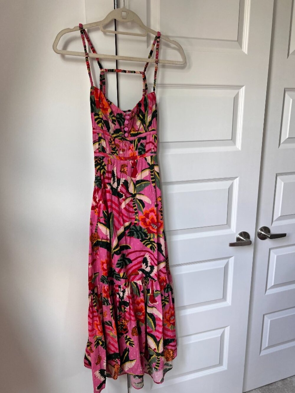 FARM Rio Pink Leopard Forest Midi Dress Beaded Buttons S - Picture 3 of 14